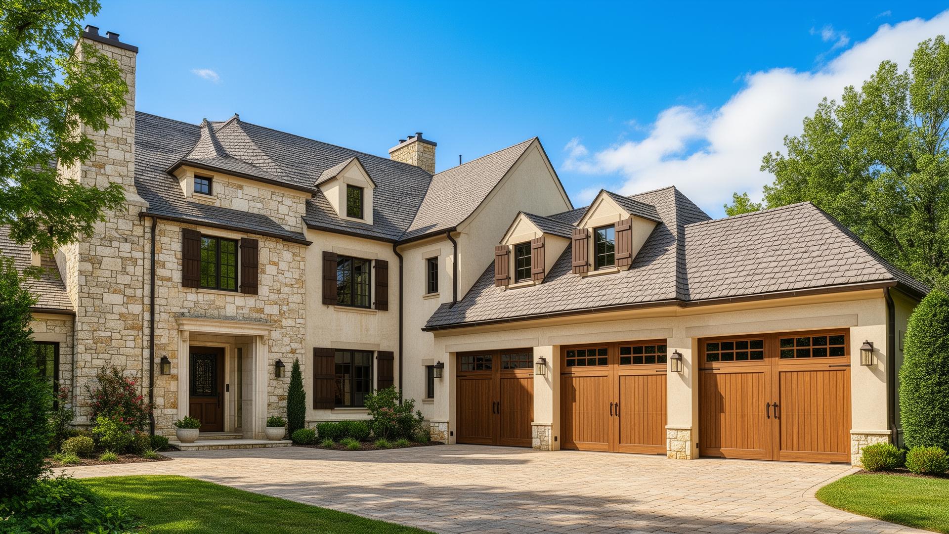 Beautiful craftsman style garage doors on French country estate in Magnolia Ohio